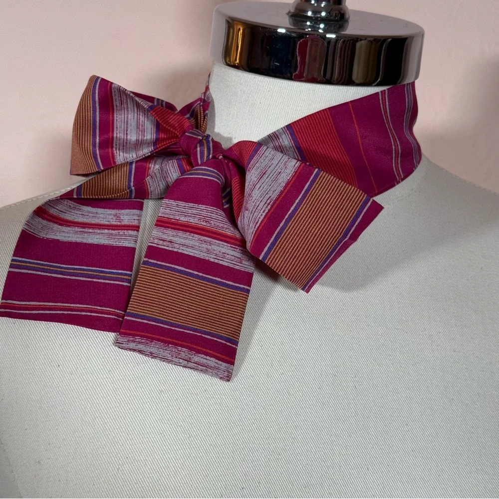 Vintage 1970 80 academia Stripe Magenta Camel Long skinny Bow Neck Scarf Twilly